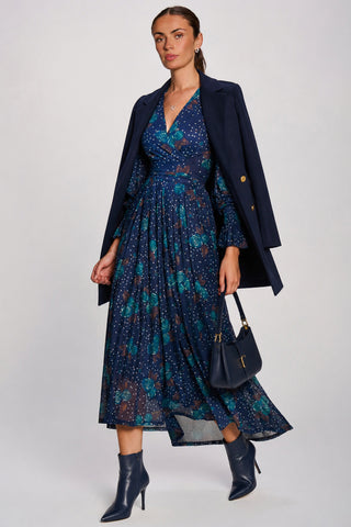 Long Sleeve Maxi  Mesh Dress, Navy Floral