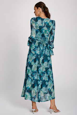 Long Sleeve Maxi  Mesh Dress, Teal Floral