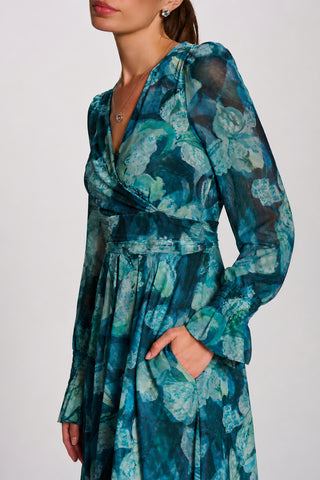 Long Sleeve Maxi  Mesh Dress, Teal Floral