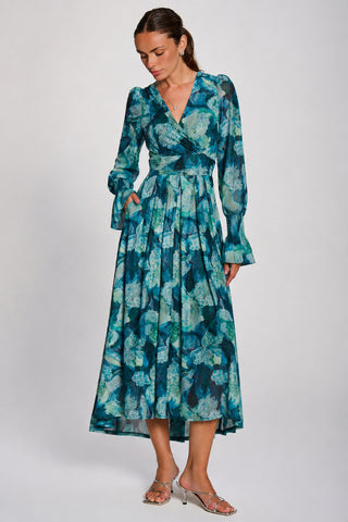 Long Sleeve Maxi  Mesh Dress, Teal Floral