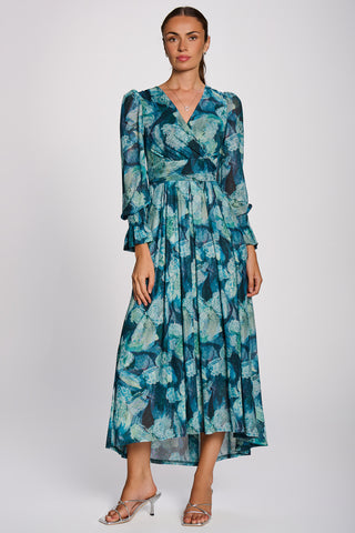 Long Sleeve Maxi  Mesh Dress, Teal Floral