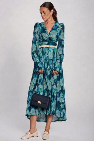 Long Sleeve Maxi  Mesh Dress, Teal Floral