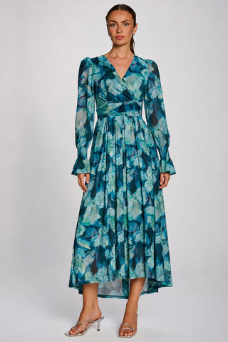 Long Sleeve Maxi  Mesh Dress, Teal Floral