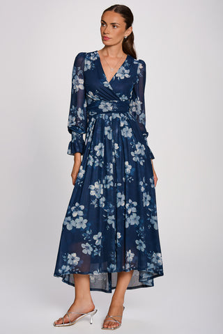 Long Sleeve Maxi  Mesh Dress, Navy Floral