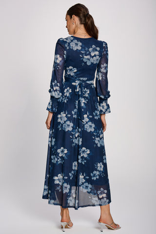 Long Sleeve Maxi  Mesh Dress, Navy Floral