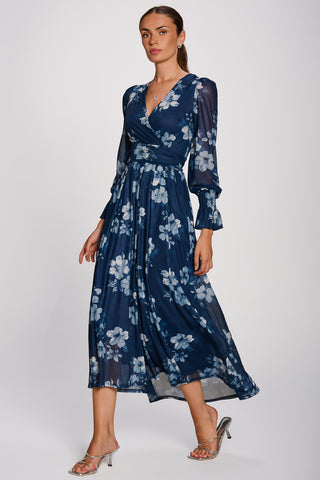 Long Sleeve Maxi  Mesh Dress, Navy Floral