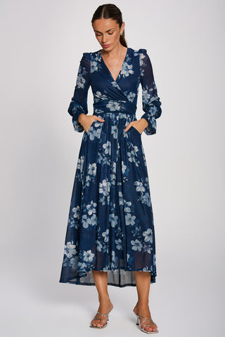 Long Sleeve Maxi  Mesh Dress, Navy Floral