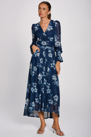 Long Sleeve Maxi  Mesh Dress, Navy Floral