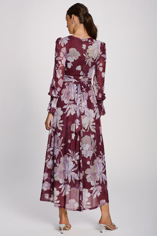 Long Sleeve Maxi  Mesh Dress, Purple Floral