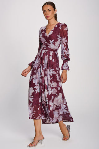 Long Sleeve Maxi  Mesh Dress, Purple Floral