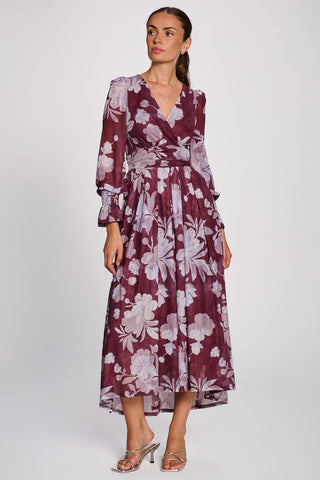 Long Sleeve Maxi  Mesh Dress, Purple Floral
