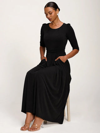 3/4 Sleeve Plain Jersey Maxi Dress, Black
