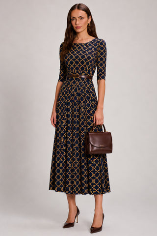 3/4 Sleeve Printed Jersey Maxi Dress, Navy Geo