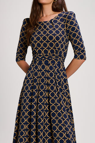3/4 Sleeve Printed Jersey Maxi Dress, Navy Geo