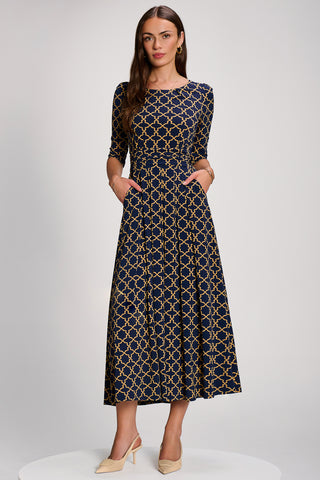 3/4 Sleeve Printed Jersey Maxi Dress, Navy Geo