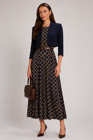 3/4 Sleeve Printed Jersey Maxi Dress, Navy Geo