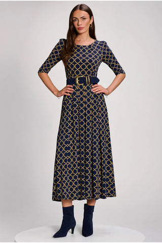 3/4 Sleeve Printed Jersey Maxi Dress, Navy Geo