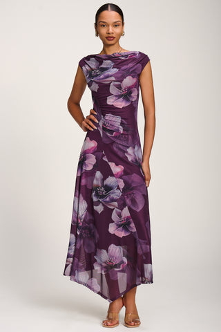 Asymmetric Draped Mesh Maxi Dress, Purple Floral