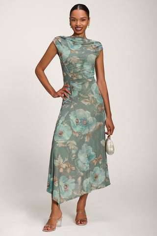 Asymmetric Draped Mesh Midaxi Dress, Green Floral