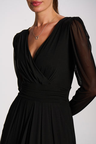 Mesh Long Sleeve Pleated Maxi Dress, Black