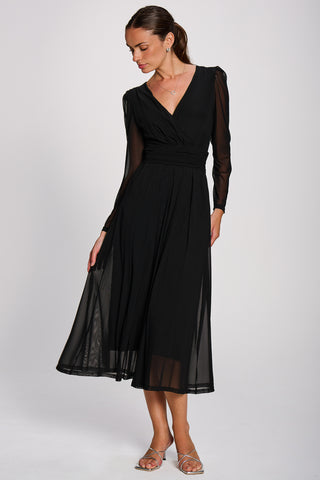 Mesh Long Sleeve Pleated Maxi Dress, Black