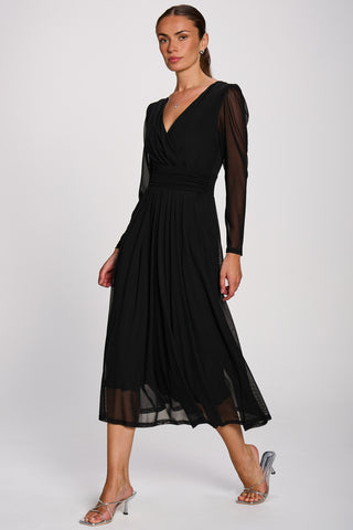 Mesh Long Sleeve Pleated Maxi Dress, Black