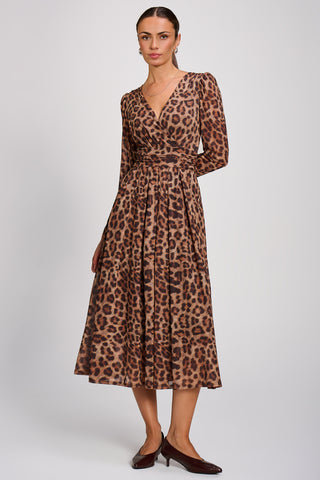 Mesh Long Sleeve Pleated Maxi Dress, Brown Animal