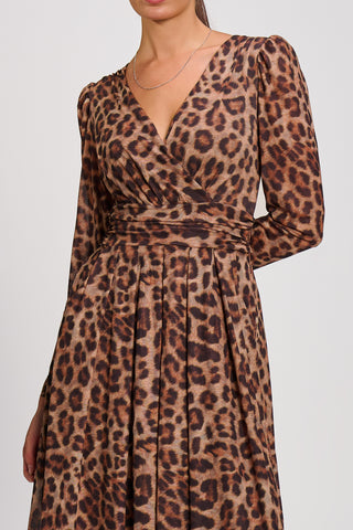 Mesh Long Sleeve Pleated Maxi Dress, Brown Animal