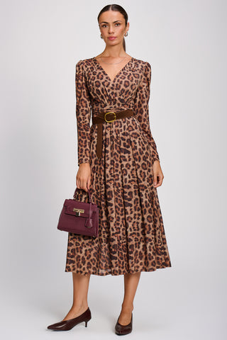 Mesh Long Sleeve Pleated Maxi Dress, Brown Animal