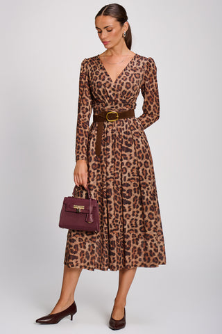 Mesh Long Sleeve Pleated Maxi Dress, Brown Animal