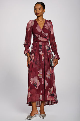 Long Sleeve V Neck Mesh Maxi Dress, Burgundy Floral