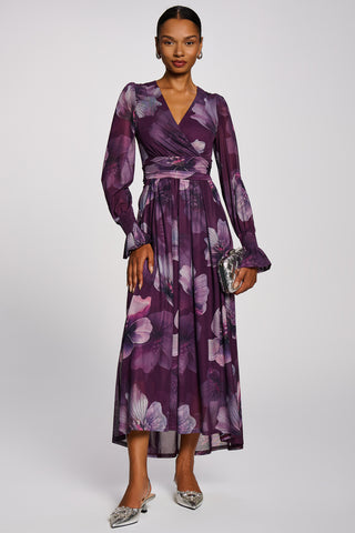 Long Sleeve V Neck Mesh Maxi Dress, Purple Floral