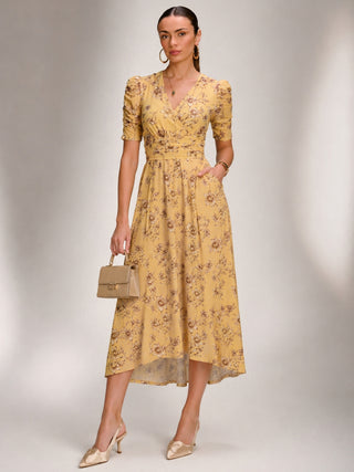 Floral Print Mesh Maxi Dress, Yellow Floral