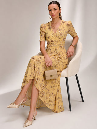 Floral Print Mesh Maxi Dress, Yellow Floral