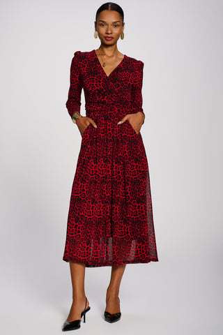 Long Sleeve Print Mesh Maxi Dress, Red Animal