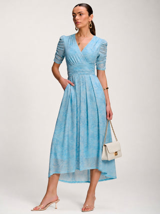 Printed Mesh Dip Hem Maxi Dress, Blue Abstract