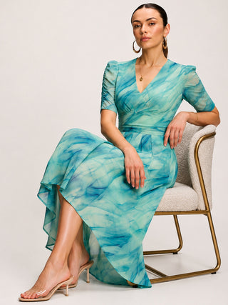 Printed Mesh Dip Hem Maxi Dress, Green Abstract