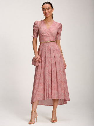 Printed Mesh Dip Hem Maxi Dress, Pink Abstract