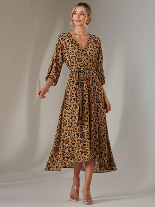 Gold Spot Printed Chiffon Maxi Dress, Brown Leopard