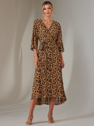 Gold Spot Printed Chiffon Maxi Dress, Brown Leopard