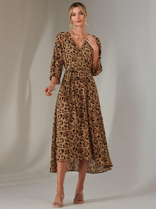 Gold Spot Printed Chiffon Maxi Dress, Brown Leopard