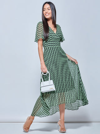 V Neck Pleated Chiffon Maxi Dress, Green Geometric