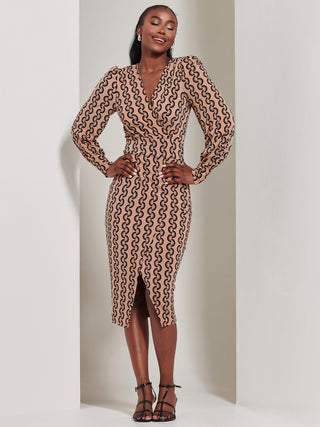 Print Long Sleeve Jersey Pencil Dress, Black Geo