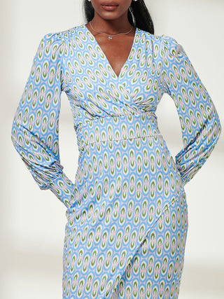 Print Long Sleeve Jersey Pencil Dress, Blue Geo