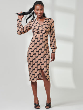 Print Long Sleeve Jersey Pencil Dress, Stone/Black