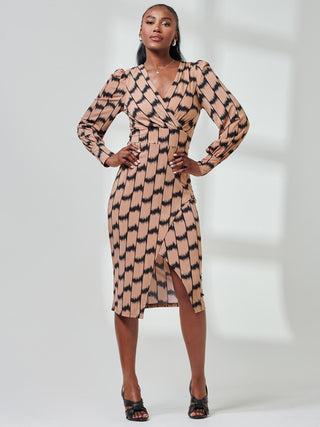 Print Long Sleeve Jersey Pencil Dress, Stone/Black