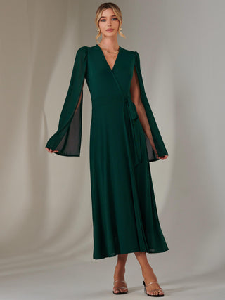 Amira Cape Sleeve Wrapped Maxi Dress, Dark Green