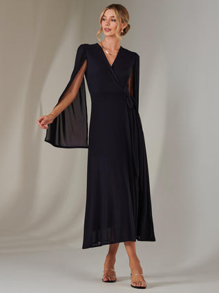 Amira Cape Sleeve Wrapped Maxi Dress, Navy