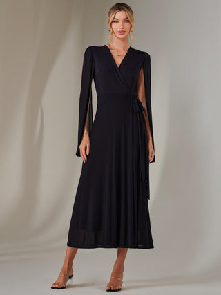 Amira Cape Sleeve Wrapped Maxi Dress, Navy