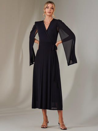 Amira Cape Sleeve Wrapped Maxi Dress, Navy